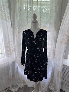 LOFT Black Floral Long-Sleeve Tie-Waist Dress with Pink & White Accents